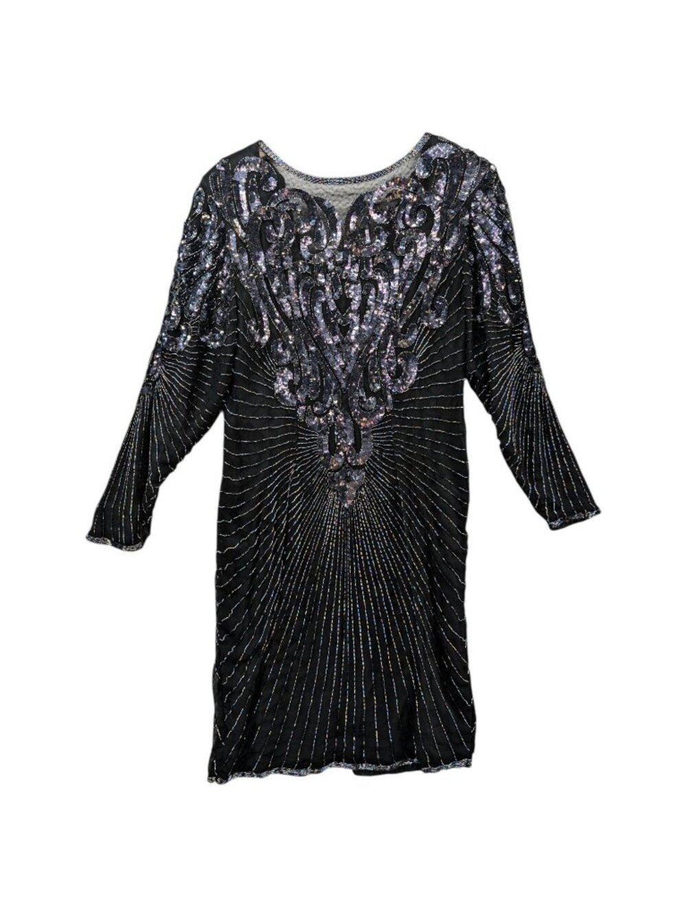 PS Illustrations Beaded Evening Dress Black Silk Sequin Long Sleeve Sheath Sz M